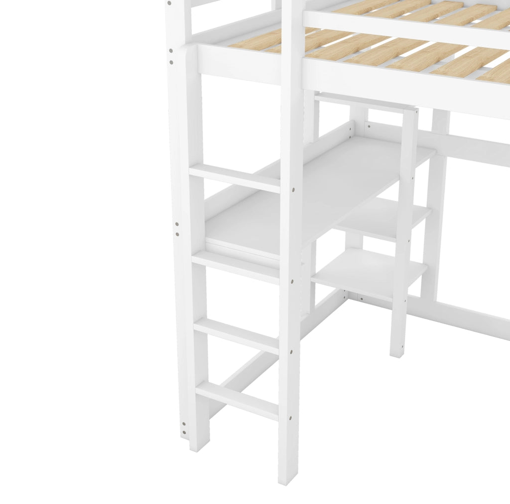 Letto a soppalco 140x200 cm con scrivania e 4 ripiani in pino e MDF; bianco antico