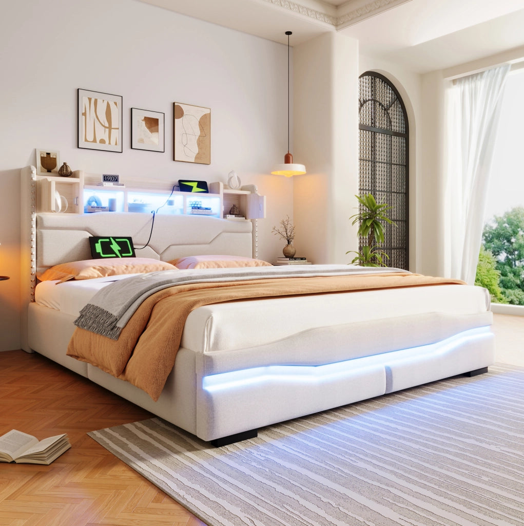 Letto imbottito 160x200 cm con contenitore idraulico, LED e prese USB-C in lino beige
