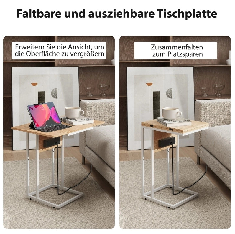 Tavolino pieghevole con stazione di ricarica USB, struttura in metallo bianco, piano in laminato effetto legno 39 x 29 x 57 cm