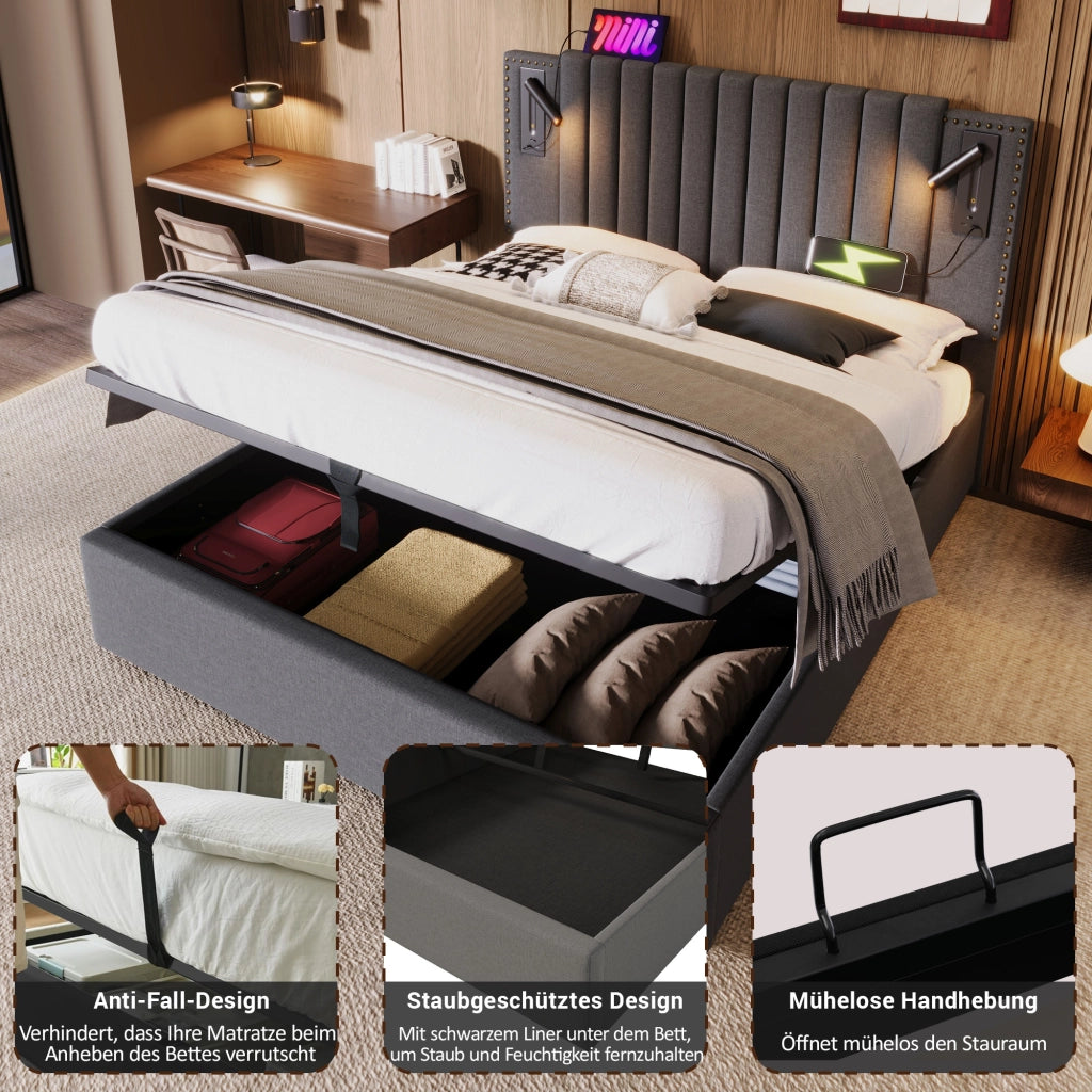 Letto matrimoniale – 140x200 cm – luce USB borchie rete – cotone grigio
