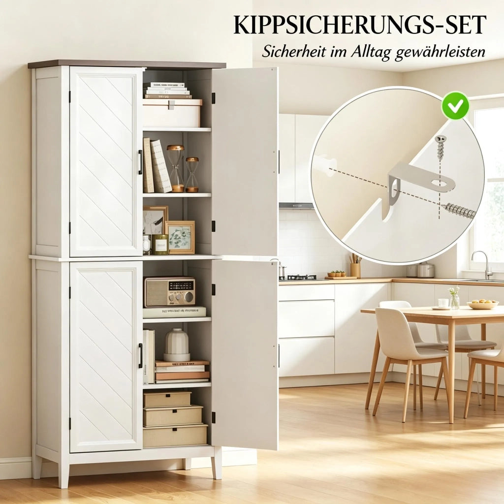 Credenza da cucina alta a 6 ripiani, con 4 ante in vetro e 4 mensole regolabili