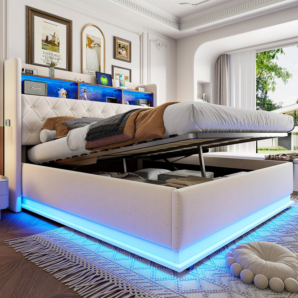 Letto matrimoniale imbottito 180 x 200 cm con luci LED multicolore; vano contenitore idraulico e presa USB; beige