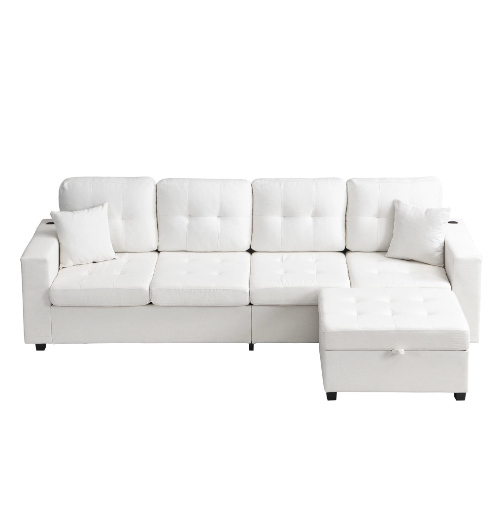 Divano 4 posti con pouf contenitore, USB e Type-C, LED, beige