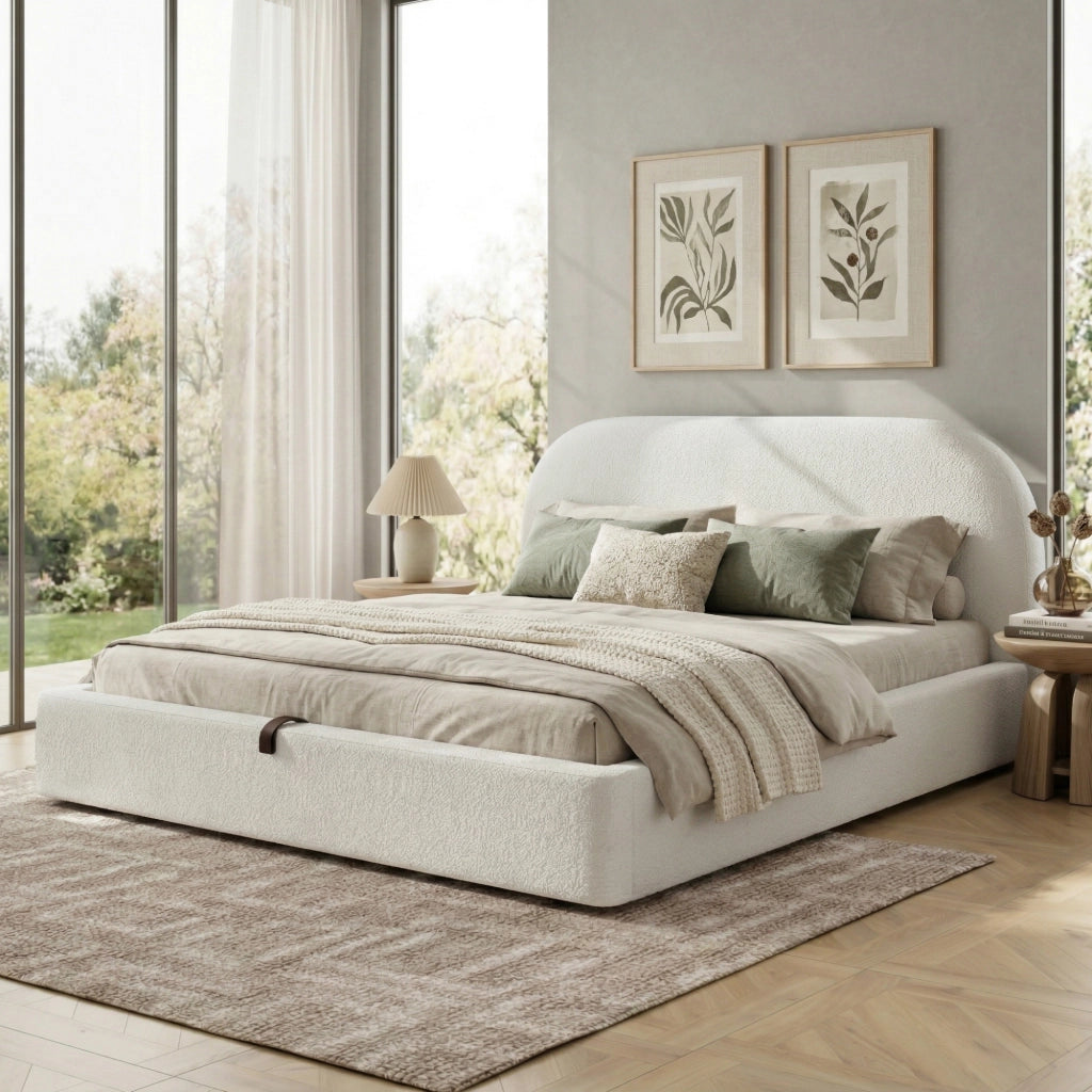 Letto matrimoniale imbottito con contenitore idraulico rete a doghe testiera in boucl¨¦ beige lavabile