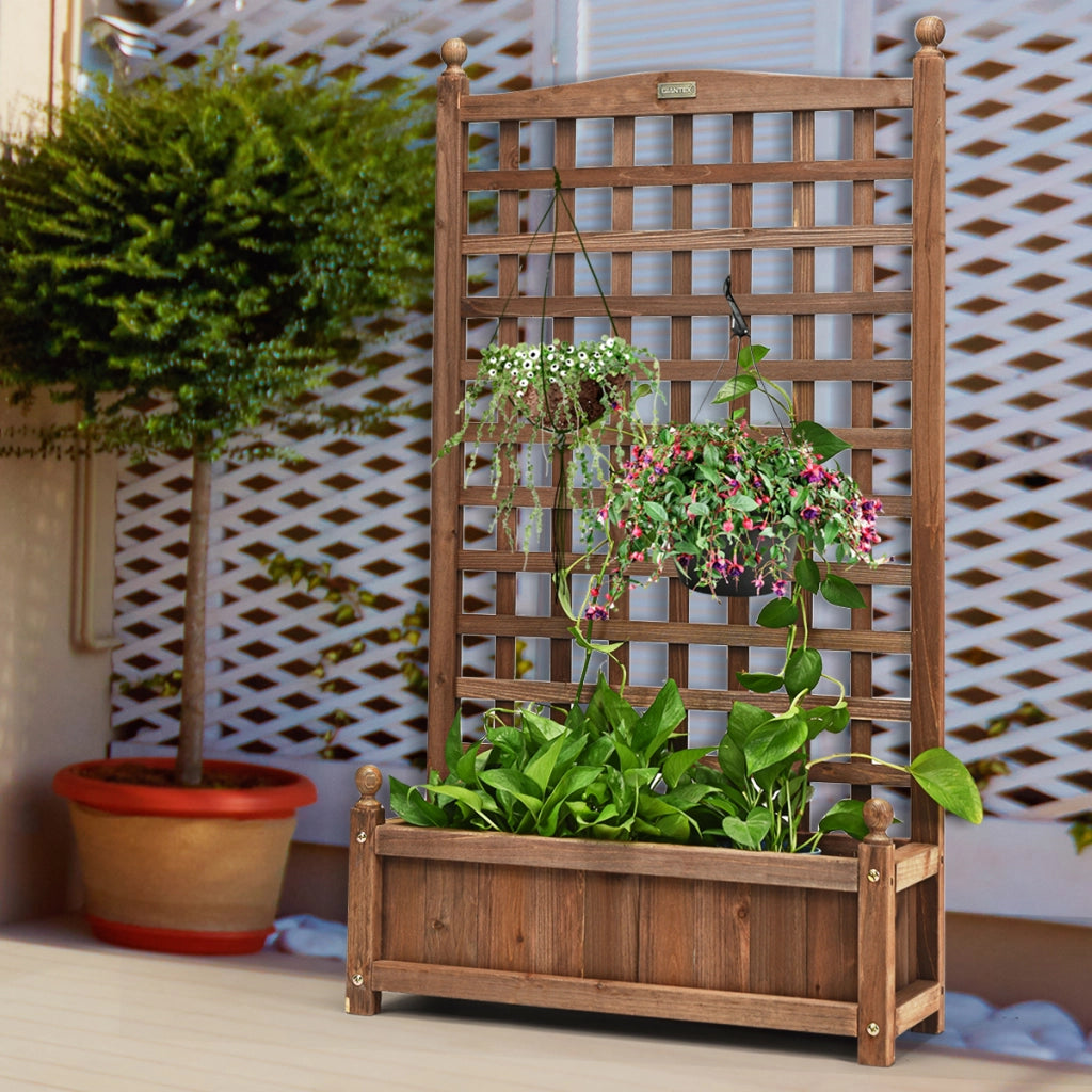 Fioriera da esterno in legno massiccio con traliccio struttura resistente alle intemperie, Fioriera per giardino per piante rampicanti Marrone