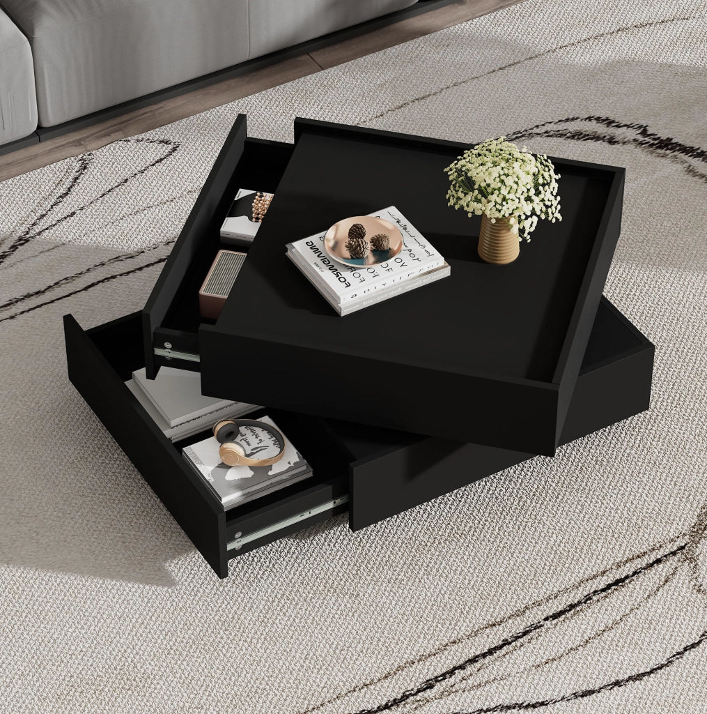 Tavolino da caffè girevole 360° 60x60x38 cm con 2 cassetti in truciolare nero