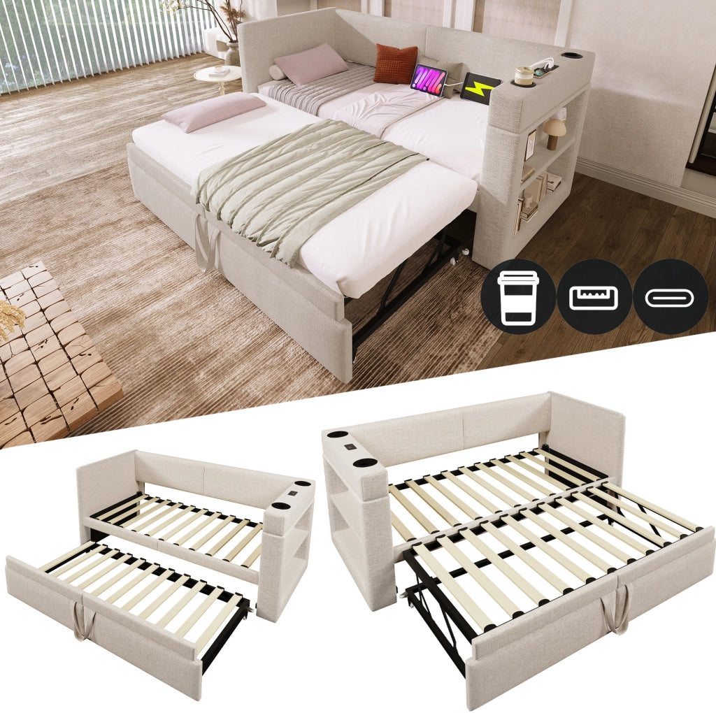 Divano letto estraibile 90x200 cm beige con USB, Type-C, portabicchieri e ripiani