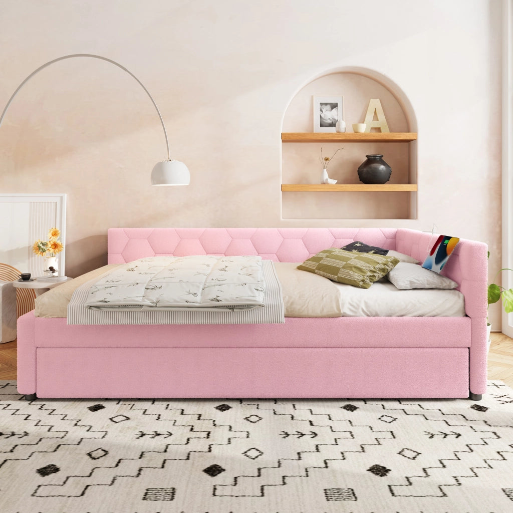 Letto con letto estraibile 140 × 200 cm con rete a doghe USB Type-C luce da comodino rosa