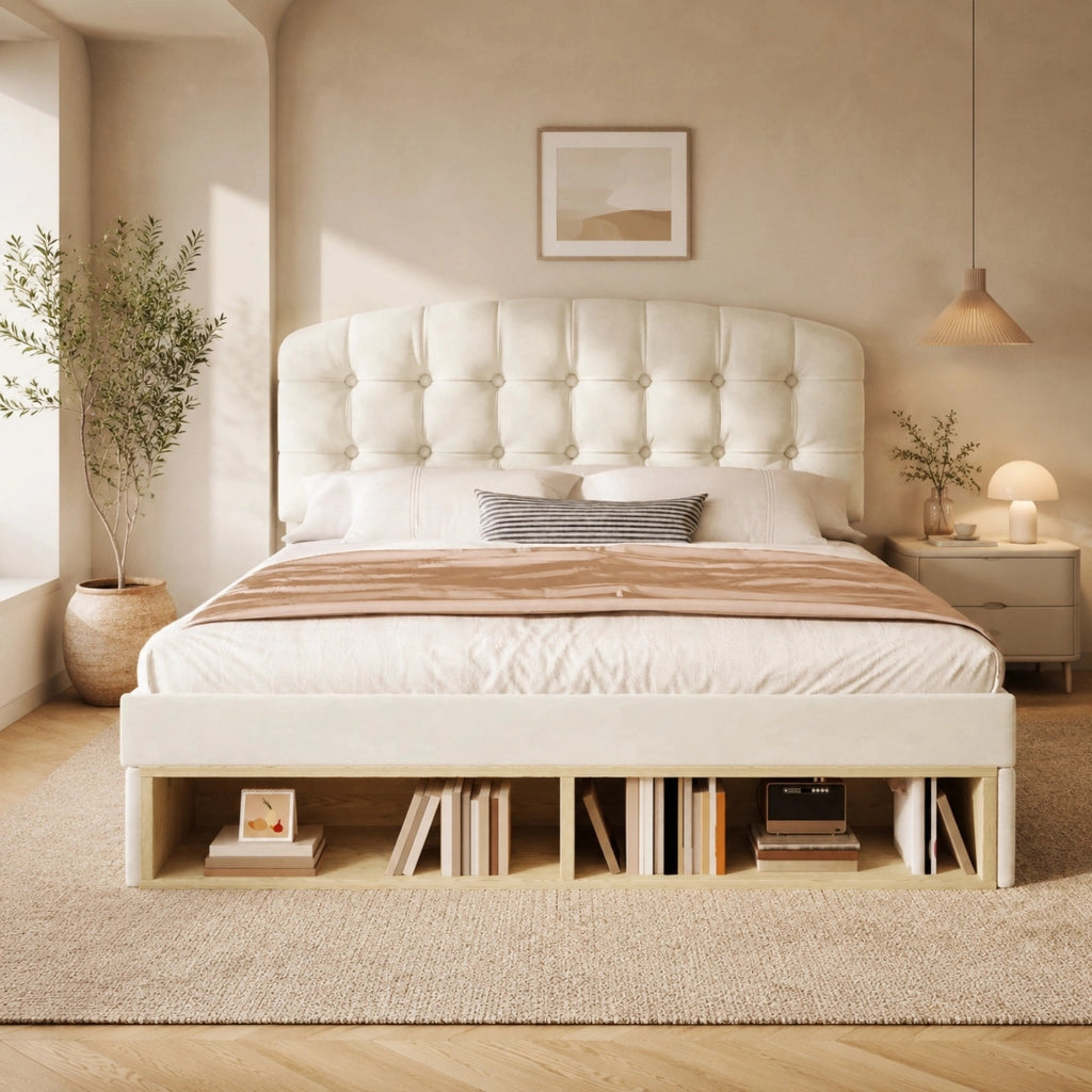 Letto imbottito 140x190 cm in velluto beige con testiera regolabile e cassetti