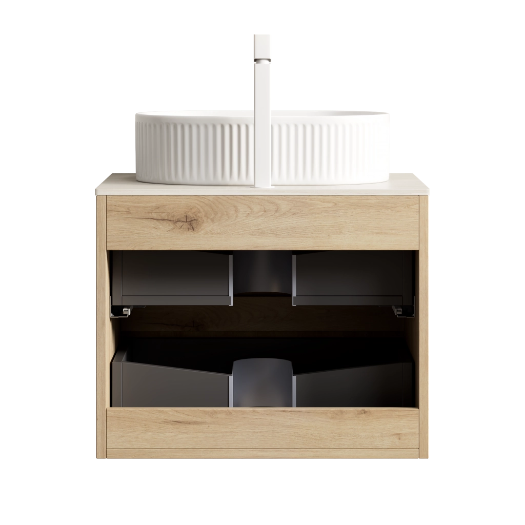 Mobile bagno con lavabo ovale in ceramica piano in pietra sinterizzata e 2 cassetti soft close colore rovere bianco