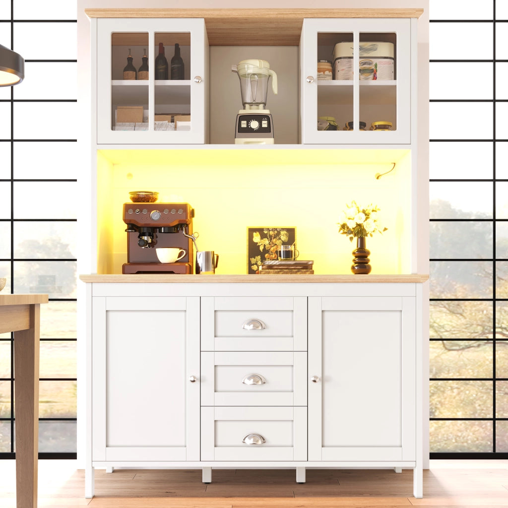 Credenza alta 4 ante e 3 cassetti con vano a giorno e illuminazione LED per cucina e soggiorno in MDF bianco