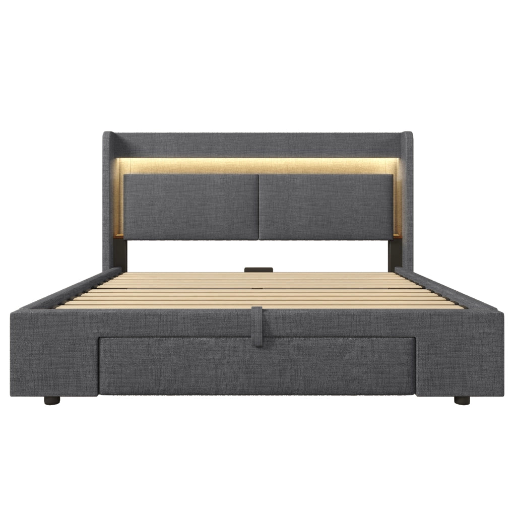Letto imbottito 140x200 cm con contenitore idraulico; testiera LED; USB e USB-C; grigio