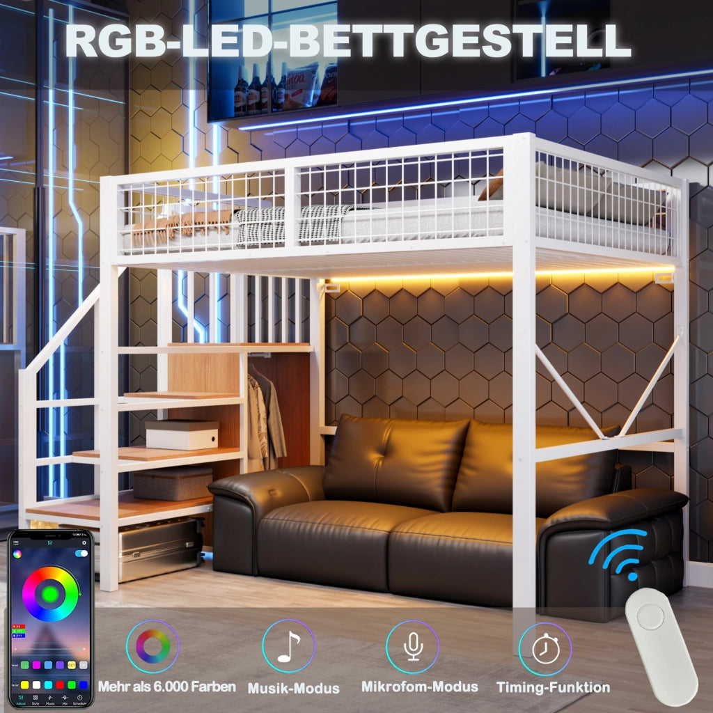 Letto a soppalco per adulti 140x200 cm con LED; scala contenitore e barra appendiabiti; metallo bianco