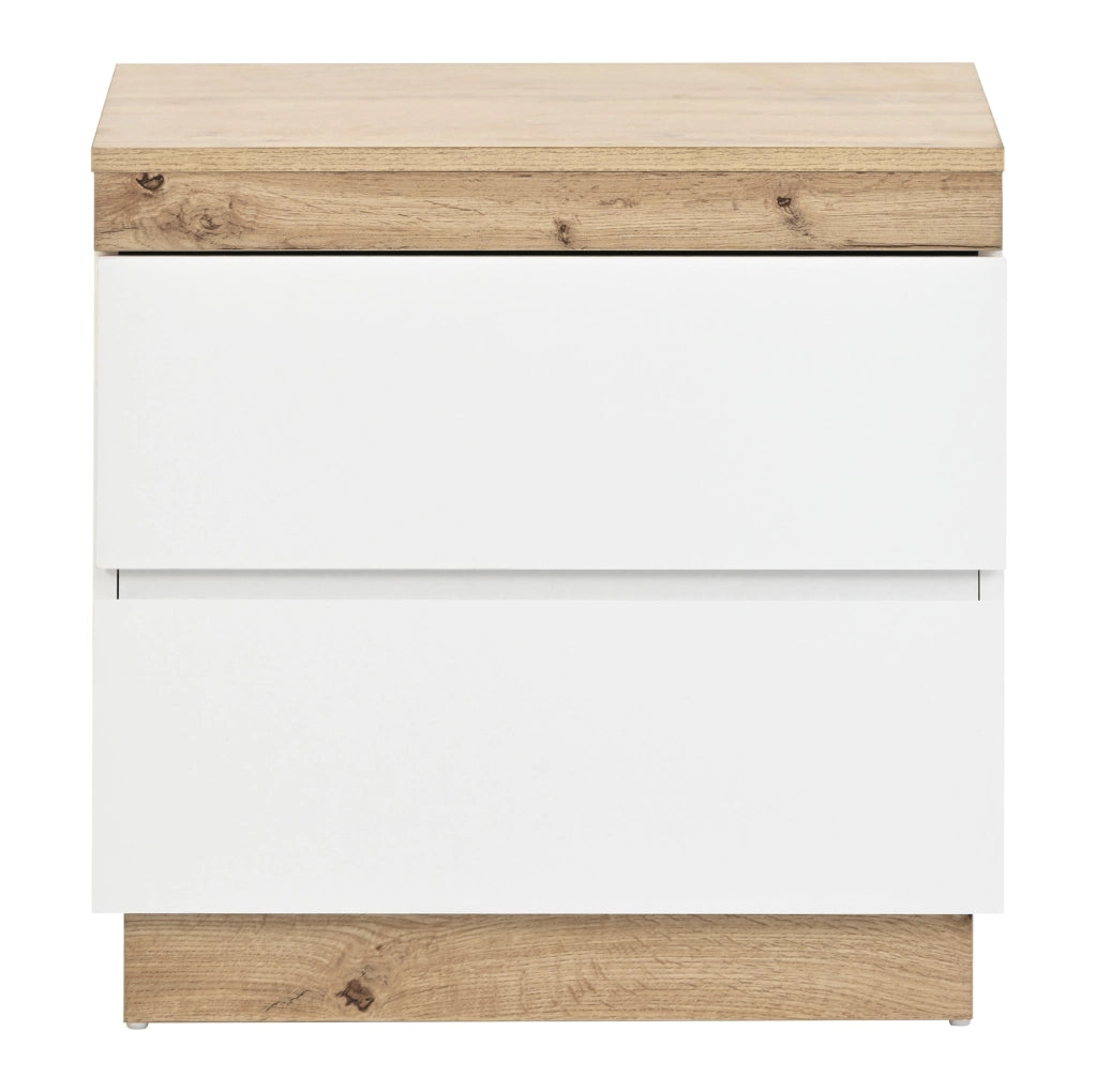 Comodino con due cassetti in pannello E1 effetto quercia e bianco, armadietto per camera da letto