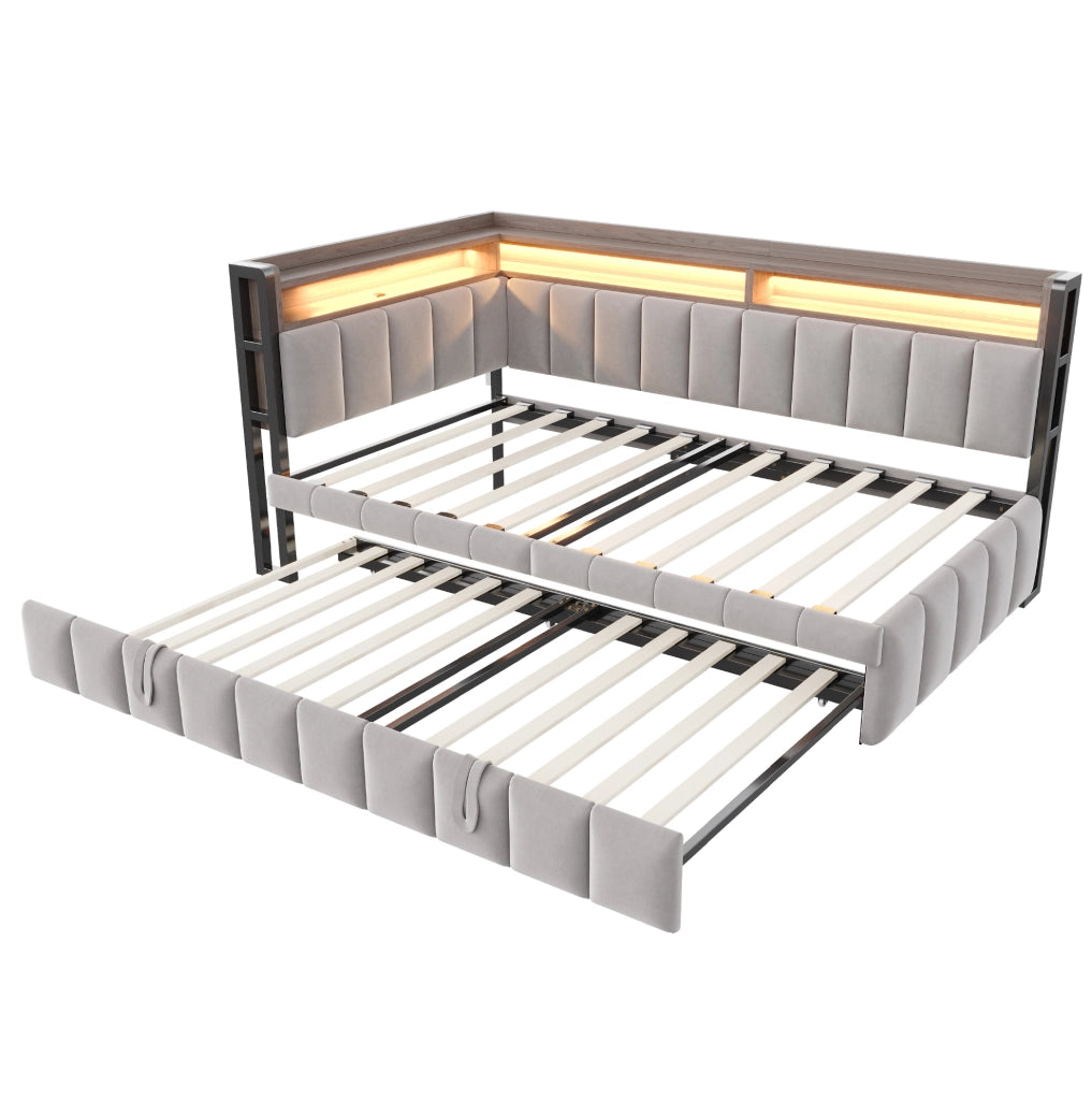 Divano letto estraibile ULEVR 90x200 cm con LED, USB e Type-C, vani portaoggetti, velluto grigio chiaro