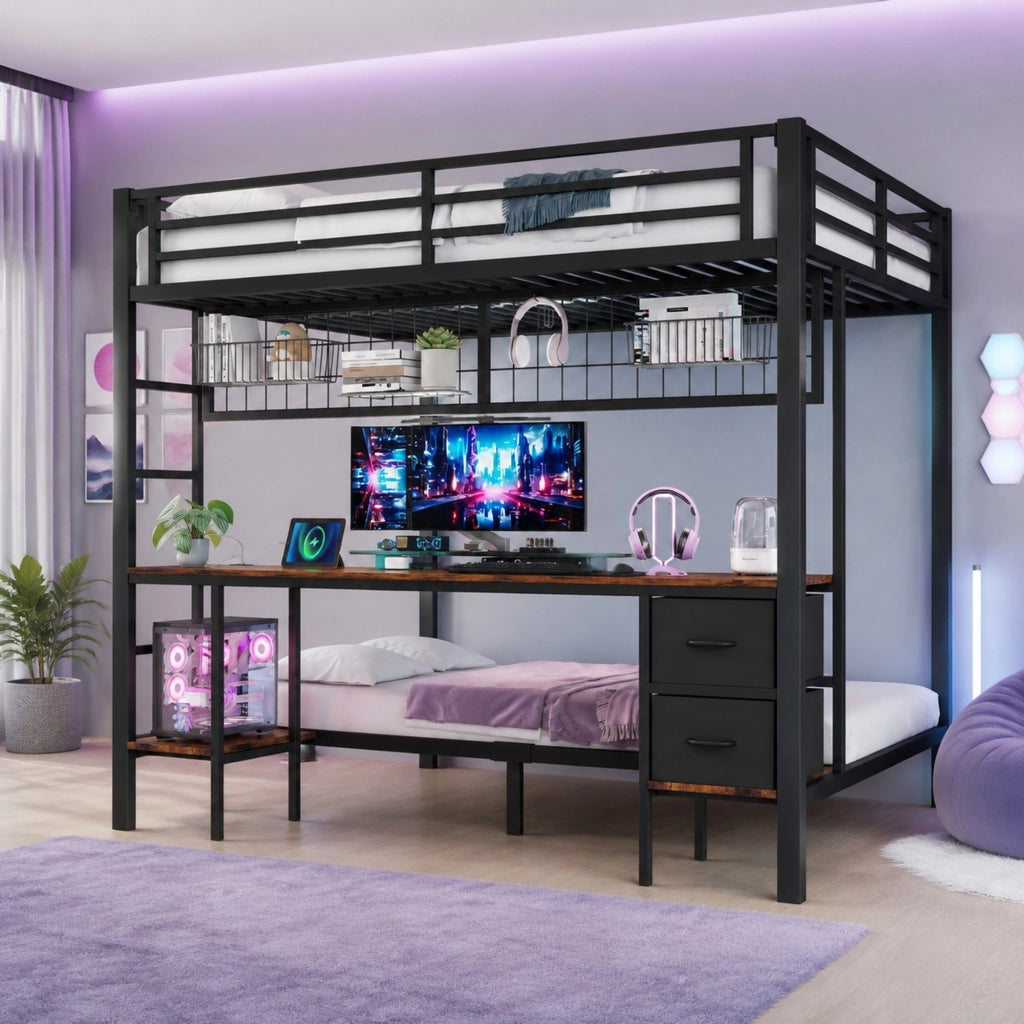 Letto a soppalco 140x200 cm con scrivania, cassetti, ripiani e LED USB, struttura in metallo nero