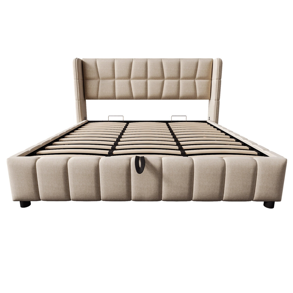 Letto imbottito 180x200 cm con rete a doghe, struttura in metallo e sistema contenitore pneumatico beige