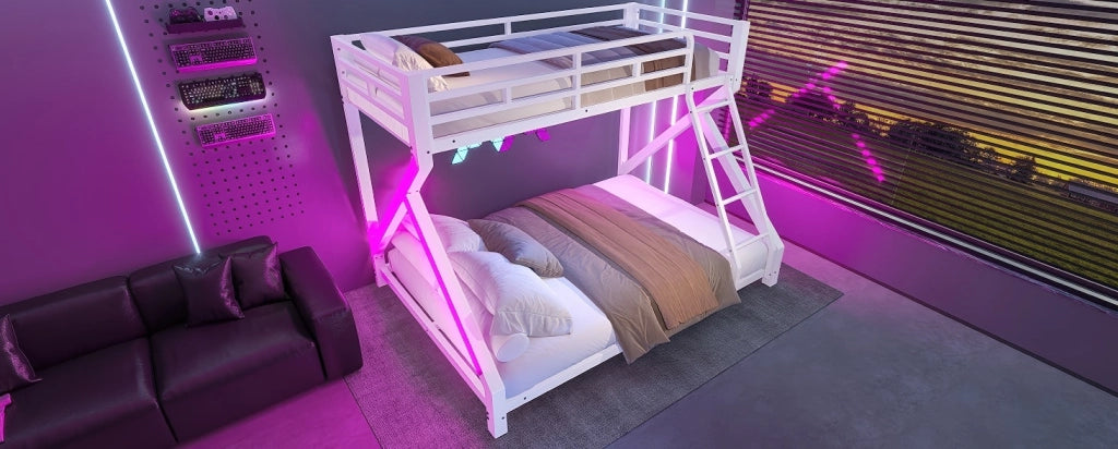 Letto a Castello in Ferro 90x200 cm e 140x200 cm con Striscia LED, Corrimano di Sicurezza e Scala, Bianco, Senza Materasso