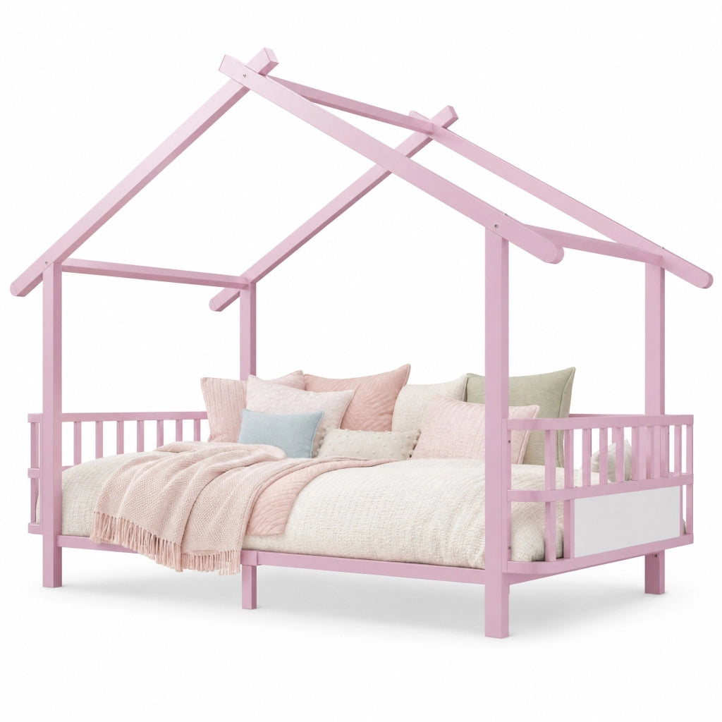 Letto per bambini in metallo a forma di casa 90 x 200 cm con sponde di sicurezza; rosa