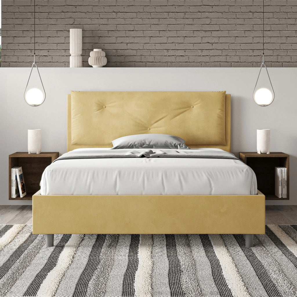 BS COM Letto matrimoniale francese con rete imbottito 140x210 microfibra ocra Large