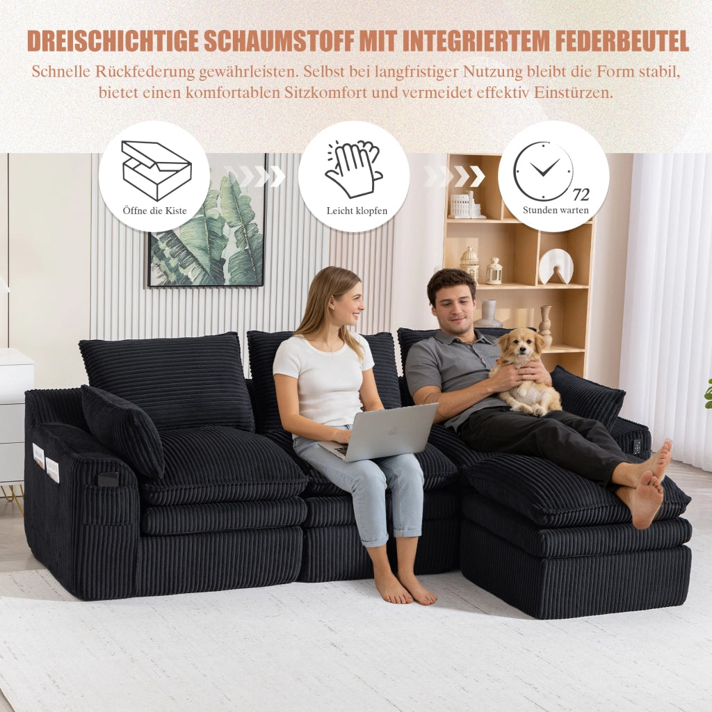 Divano modulare 3 posti con pouf e tasche laterali per soggiorno in corduroy nero
