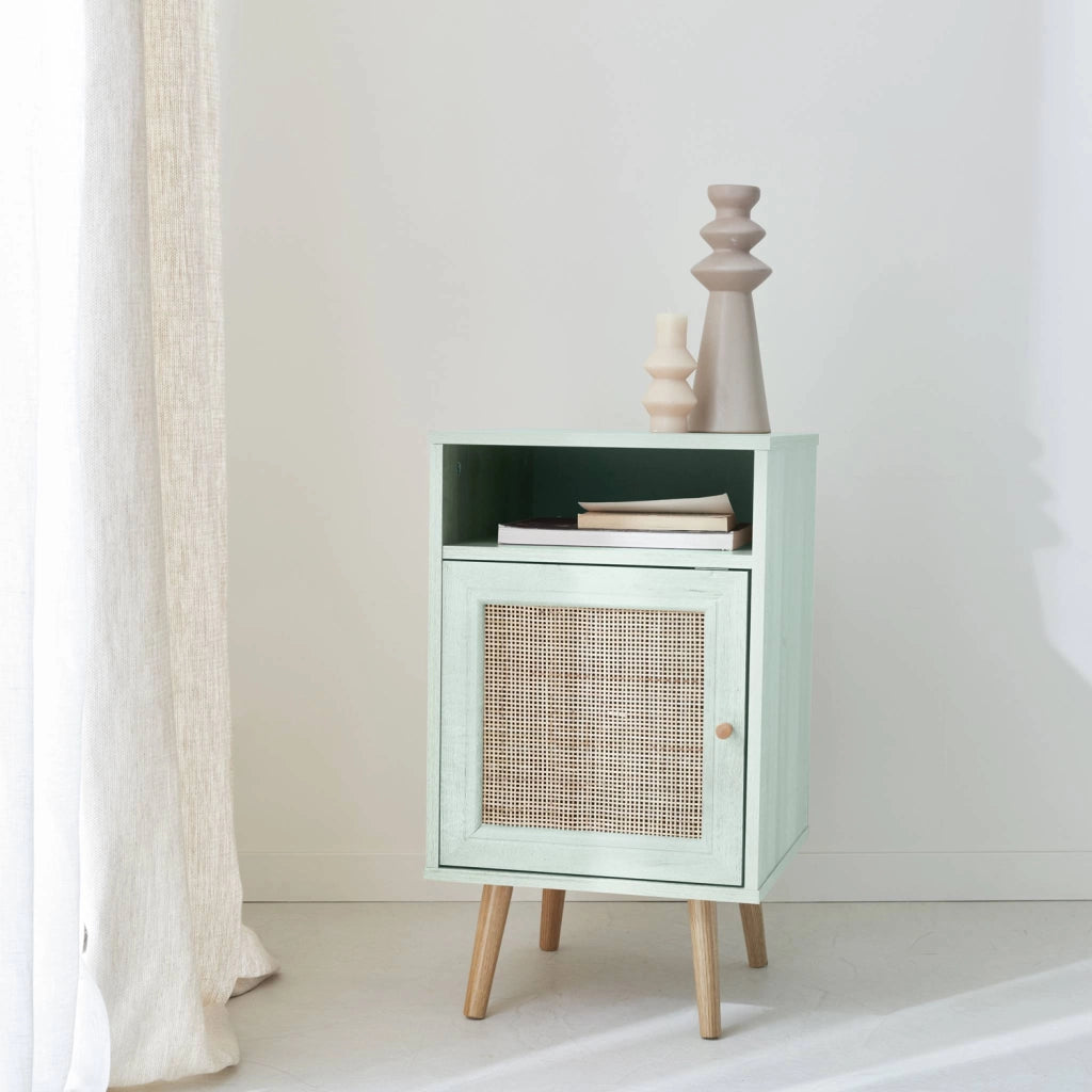 Comodino scandinavo in vimini, verde celadon