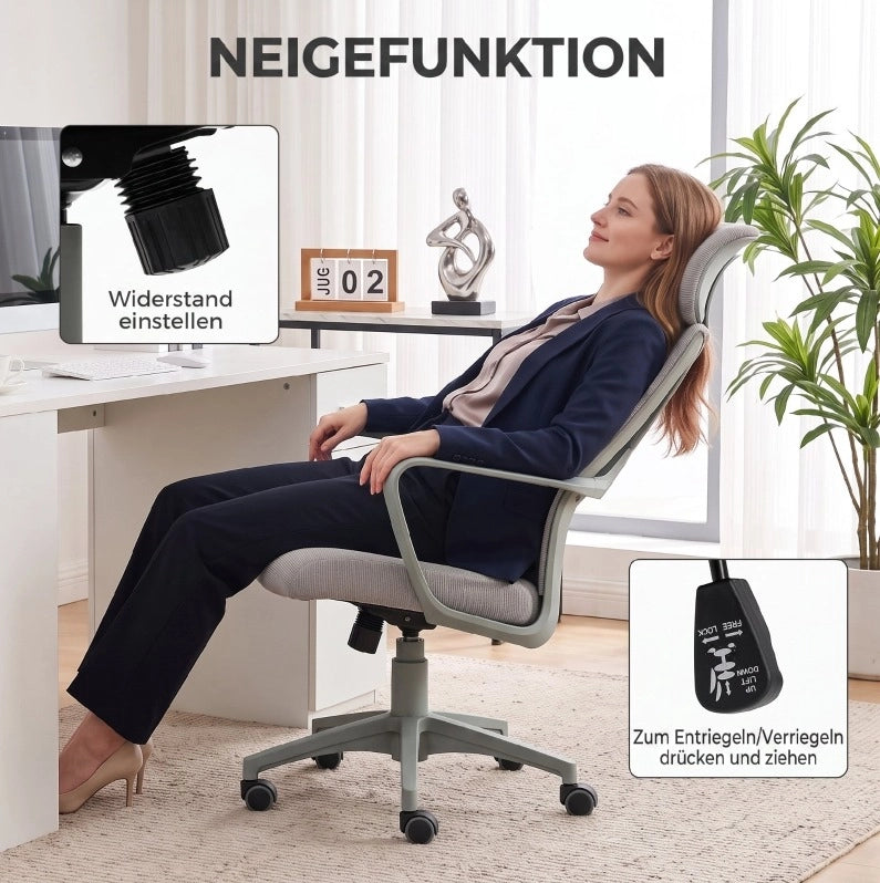 SEDIA DA UFFICIO Regolabile con Funzione Oscillante e Poggiatesta Grigia