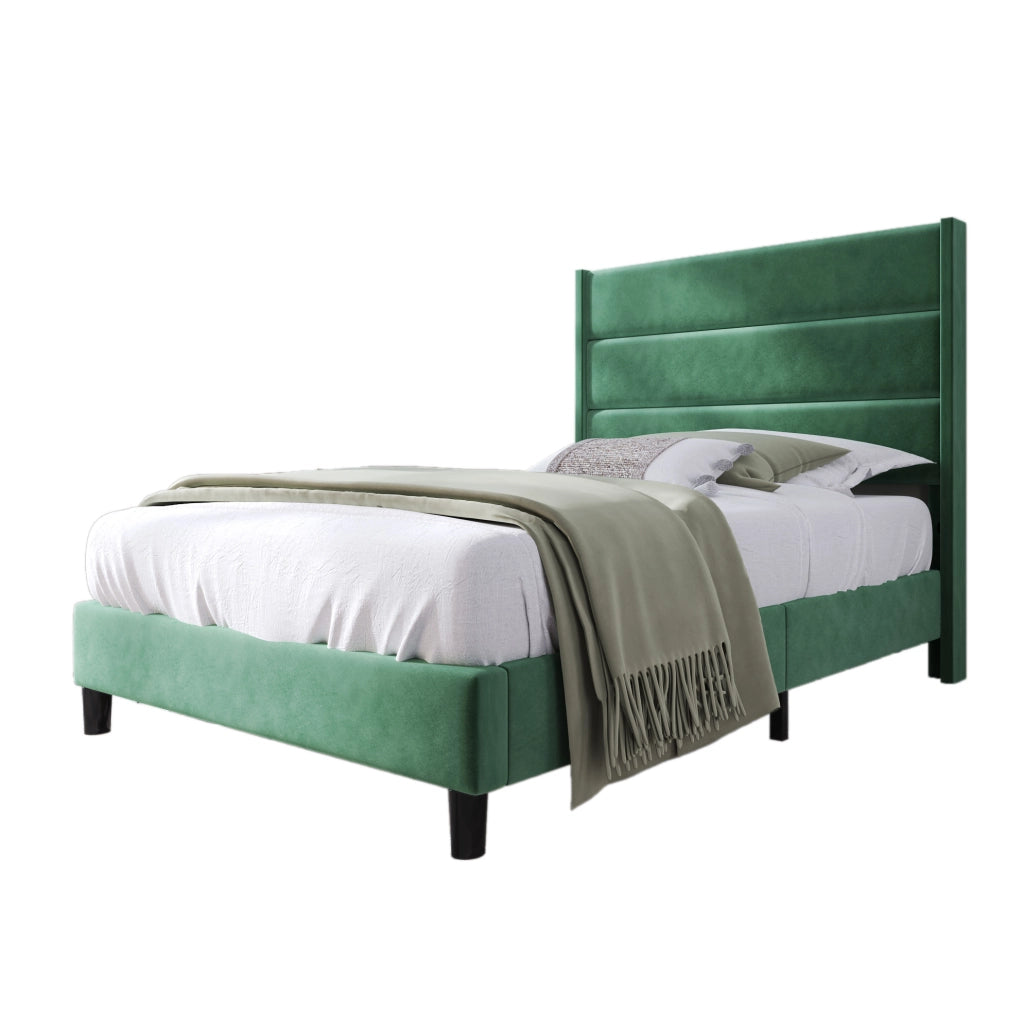Letto singolo 90x200 in velluto verde scuro con testiera e materasso
