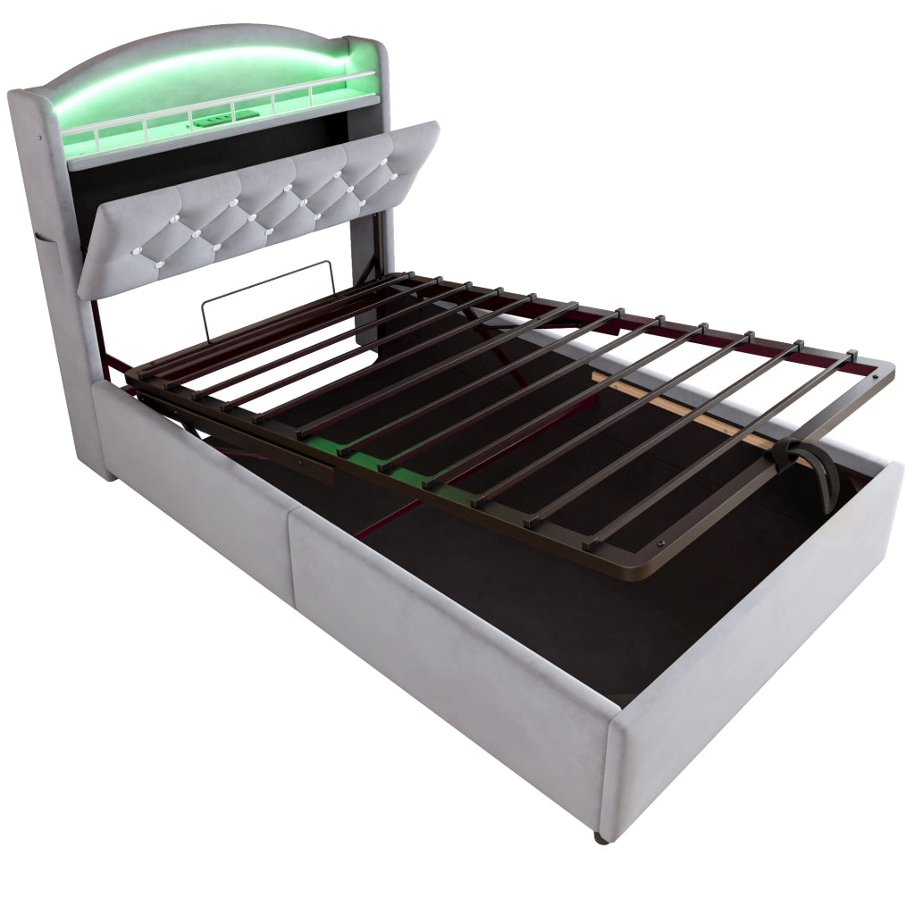 Letto imbottito per bambini 90x200; contenitore con LED e prese USB; velluto grigio