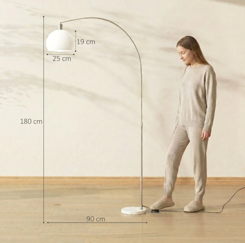 Lampada da Terra con Testa Curva, Interruttore a Pedale, Base in Marmo e Paralume in Plastica Bianca