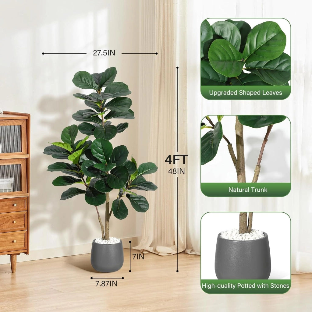 Ficus Lyrata Artificiale 120 cm con Foglie Nervate Vaso Nero e Ciottoli Bianchi