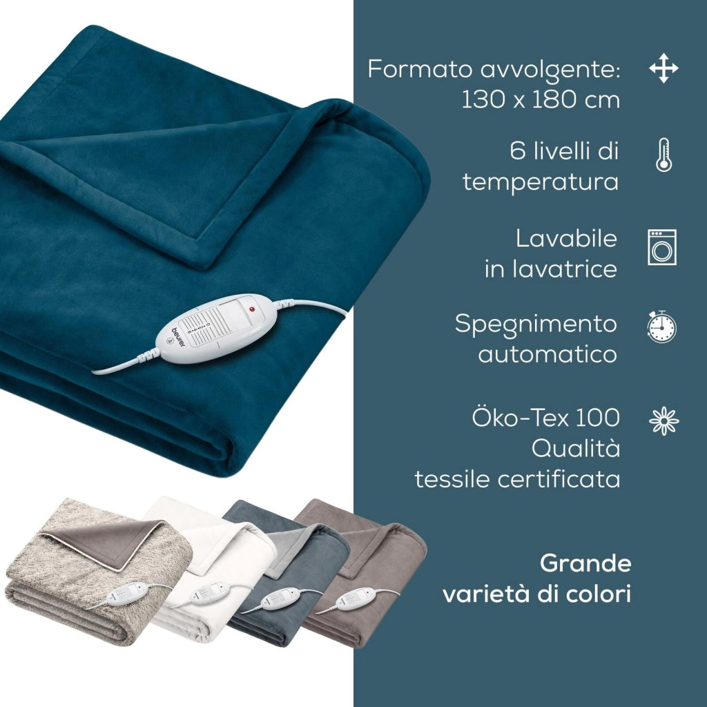 Beurer HD 75 Termocoperta Morbida Coperta Riscaldata, 6 Livelli di Temperatura, Lavabile in Lavatrice, con Spegnimento Automatico ed Extra Sicura 180 x 130 cm, Color Ocean