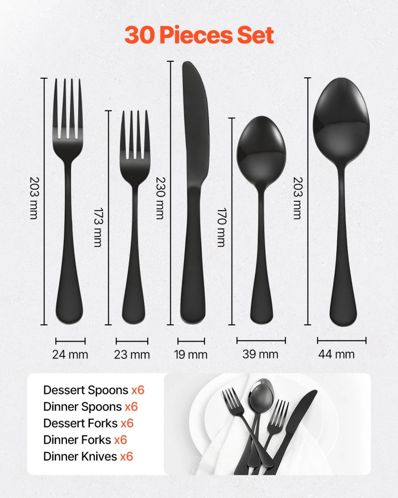 Set di posate da tavola in acciaio inossidabile 30 pezzi nero elegante per casa e cucina lavabile in lavastoviglie 1010-30P-B