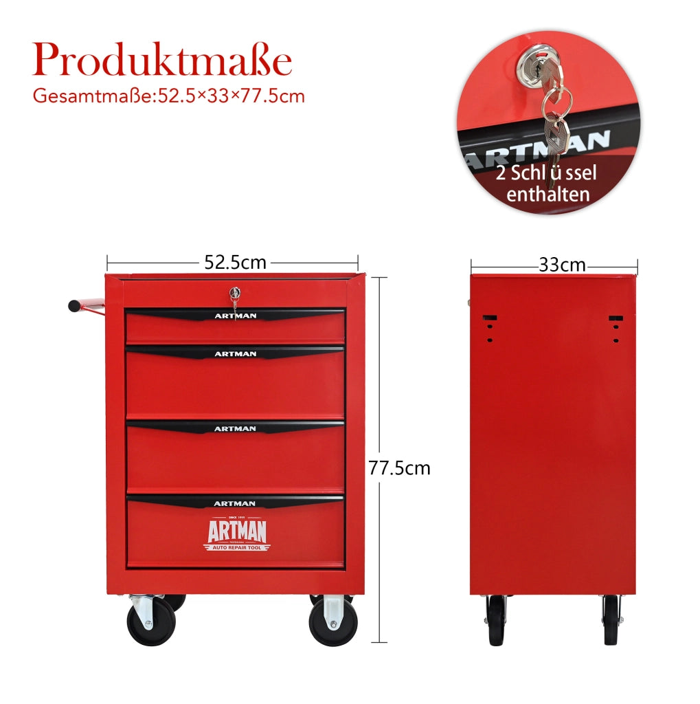 Armadio portautensili in acciaio con 4 cassetti e ruote, 60x33x77,5 cm rosso e nero
