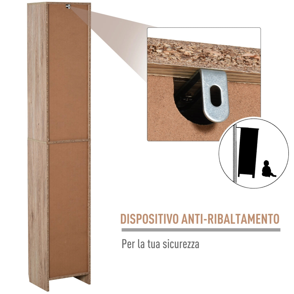 Mobiletto Salvaspazio per Bagno in Legno, Mobile da Bagno con 2 Armadietti e Ripiani Regolabili, Design a Colonna, 30x24x170 cm, Grigio e Rovere