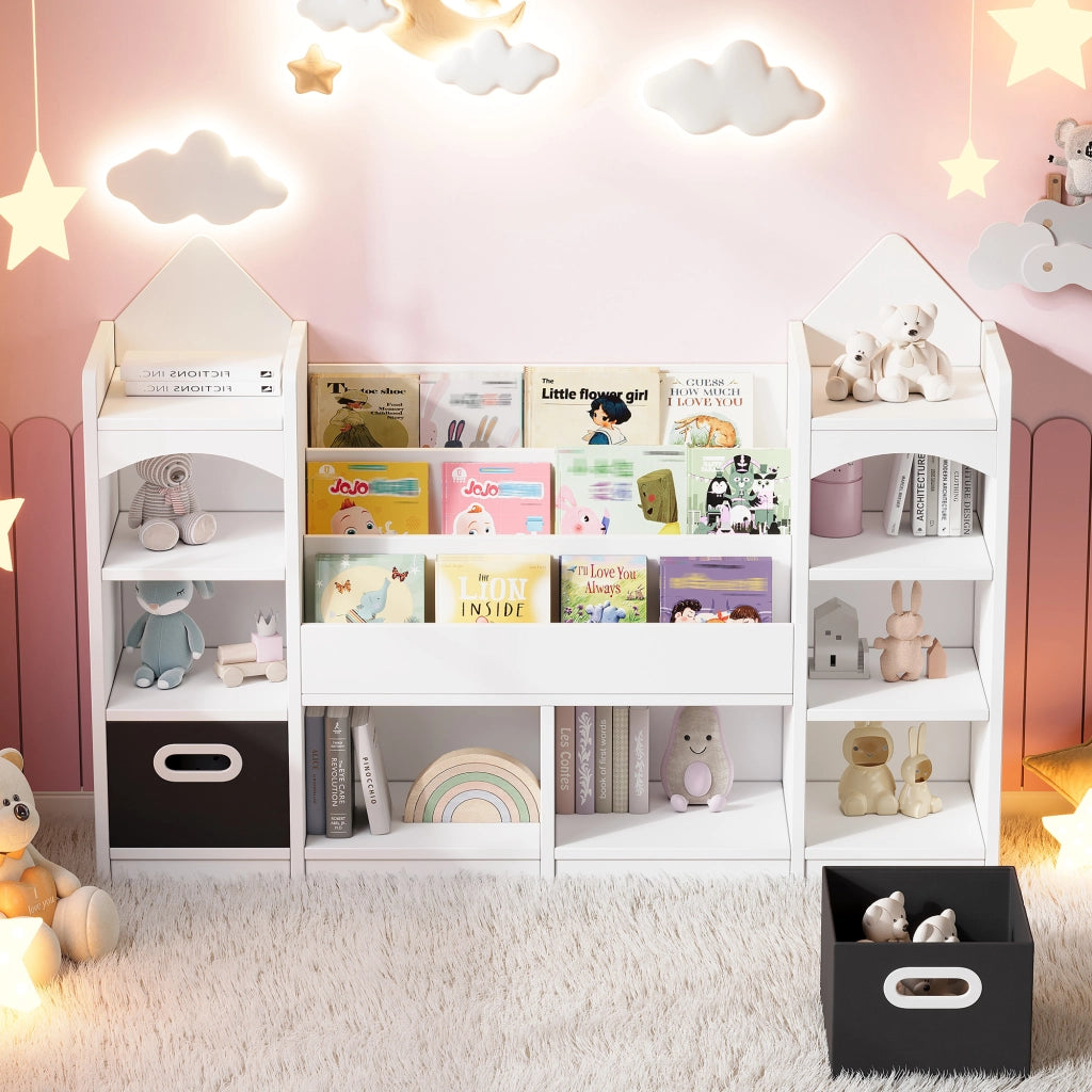 SCAFFALE per libri e giochi 130x30x90 cm Bianco con 2 box pieghevoli