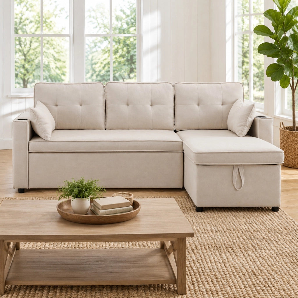 Divano letto 3 posti con chaise longue reversibile e contenitore in tessuto beige