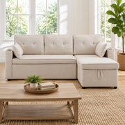 Divano letto 3 posti con chaise longue reversibile e contenitore in tessuto beige