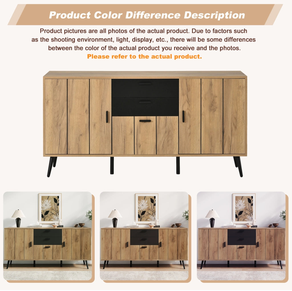 Mobile contenitore in MDF nero e legno con 2 cassetti e 3 ante, 140x35x67 cm