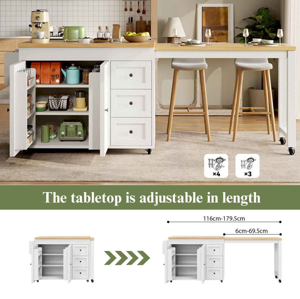 Isola da cucina mobile allungabile 116-179,5 cm con 3 cassetti, ripiani laterali snack e ruote, bianco/nero