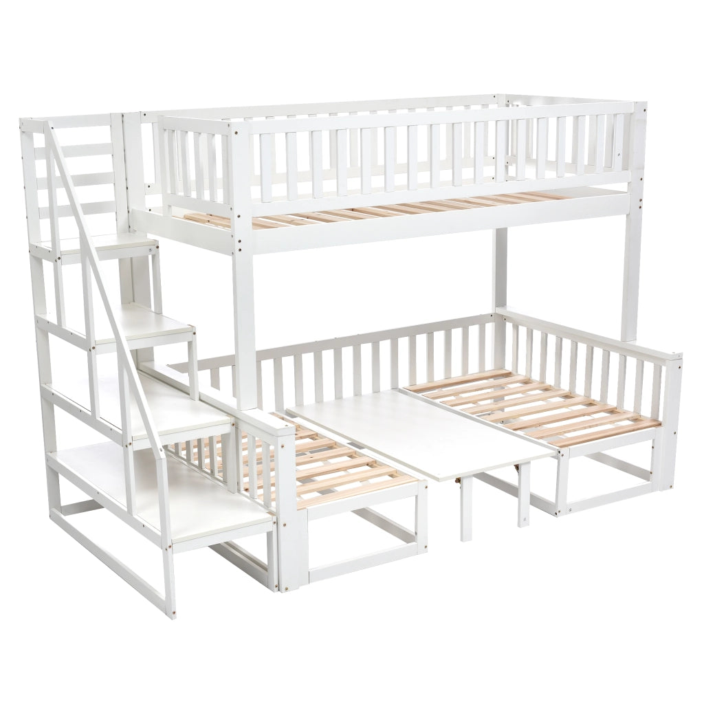 Letto a castello 90 × 200 cm e 120 × 200 cm, 3 posti con tavolo regolabile e divano, senza materasso, bianco