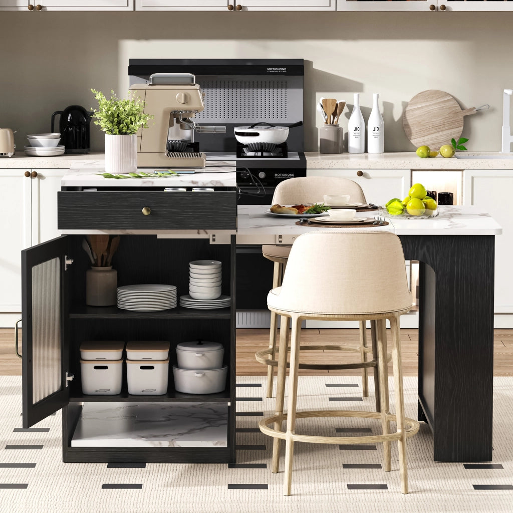 Tavolo allungabile con prese integrate; contenitore e ripiani regolabili bianco e nero 80 × 71–111–151 × 92 cm