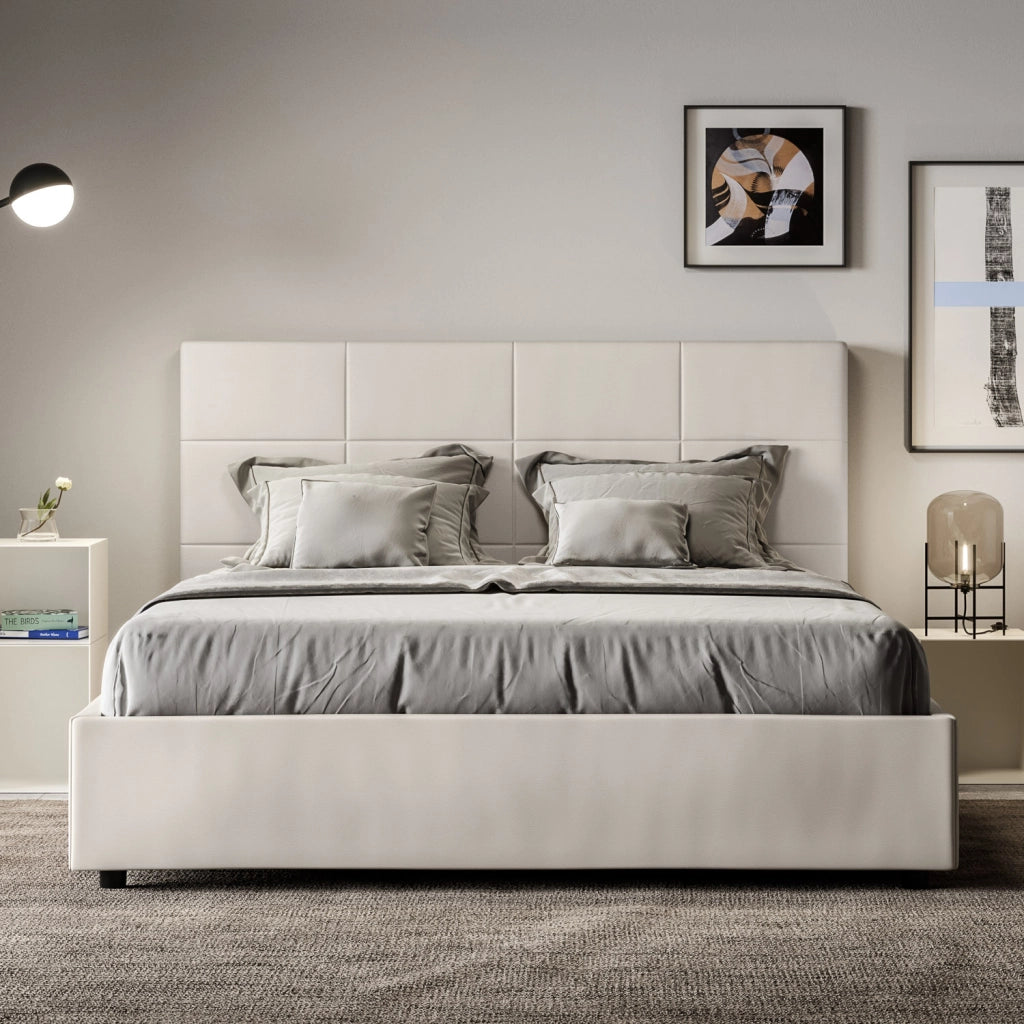 BS COM Letto queen size senza rete imbottito 150x200 similpelle bianco