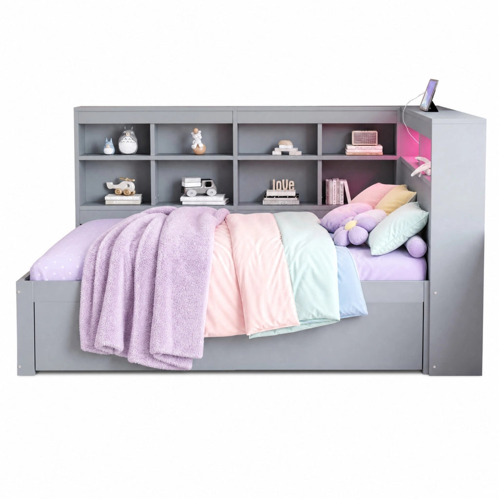 Letto matrimoniale 140 × 200 cm con cassetti LED cangianti e presa USB in legno grigio con vani laterali