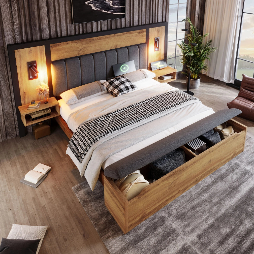 Letto 180x200 cm con comodini; panca contenitore; luci di lettura e USB/Type-C; effetto rovere