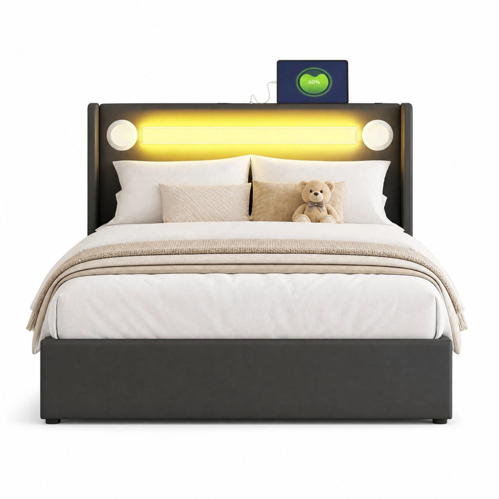 Letto imbottito per bambini 90x200 cm con LED; Bluetooth e vano contenitore