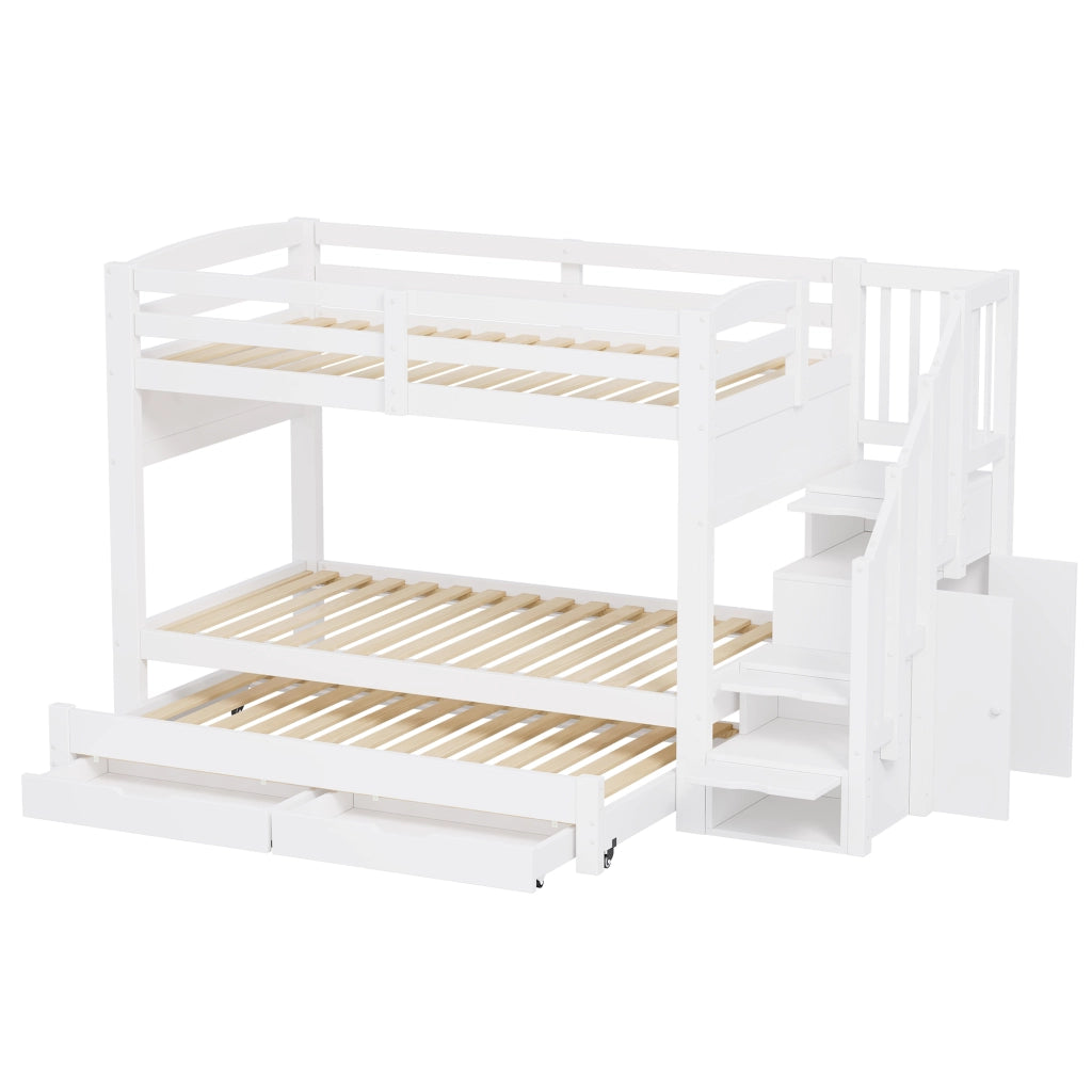 Letto a castello 90 × 200 cm con letto estraibile e scala contenitore con armadio integrato in legno bianco