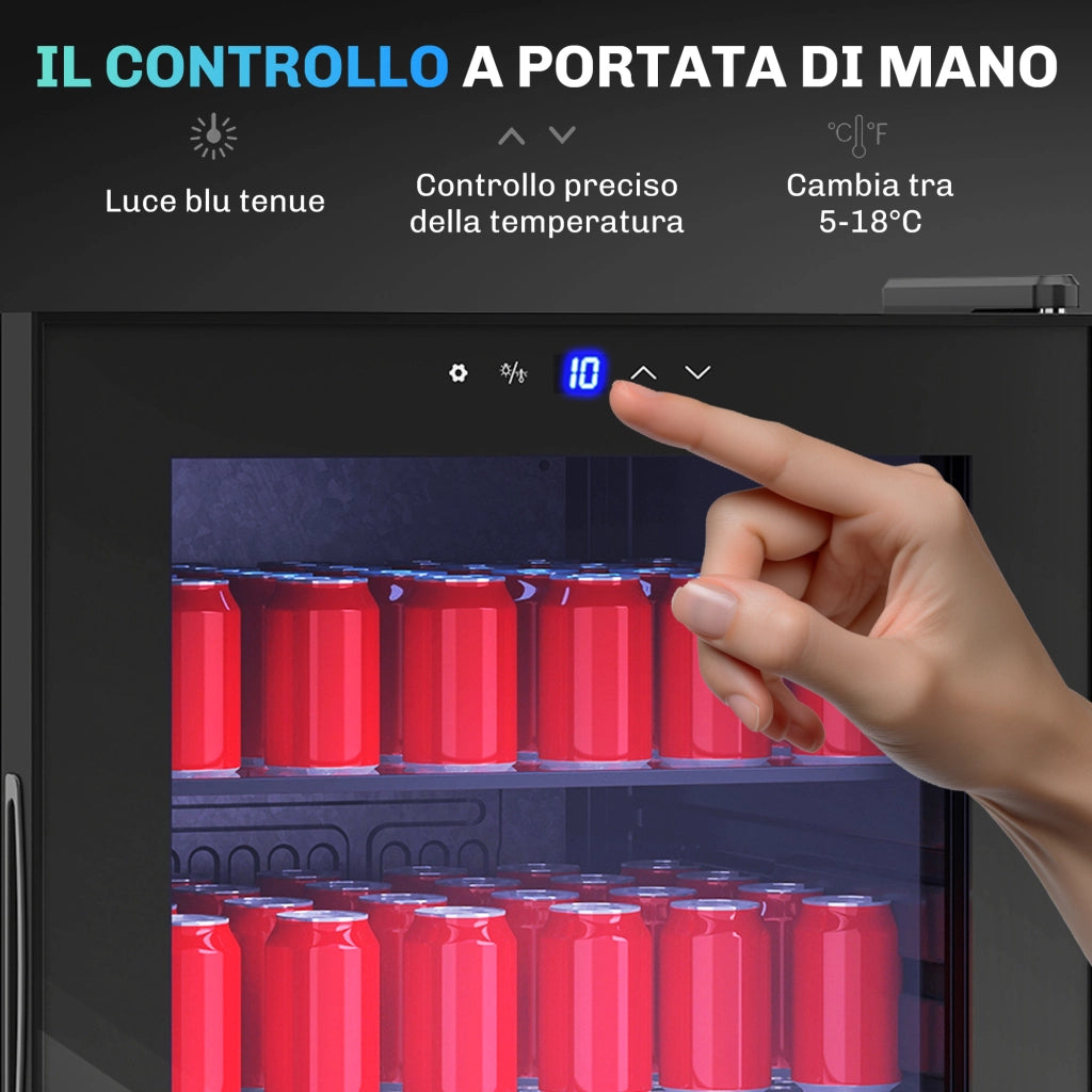 Cantinetta frigo per vino nera 92L con ripiani regolabili, 20 bottiglie e 50 lattine, silenziosa, per casa e bar, 43x45x94 cm