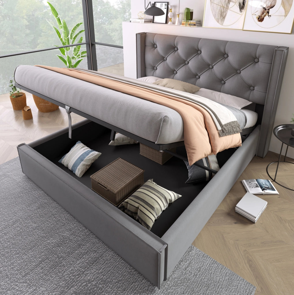 Letto matrimoniale imbottito con contenitore 140x200 cm in cotone; grigio