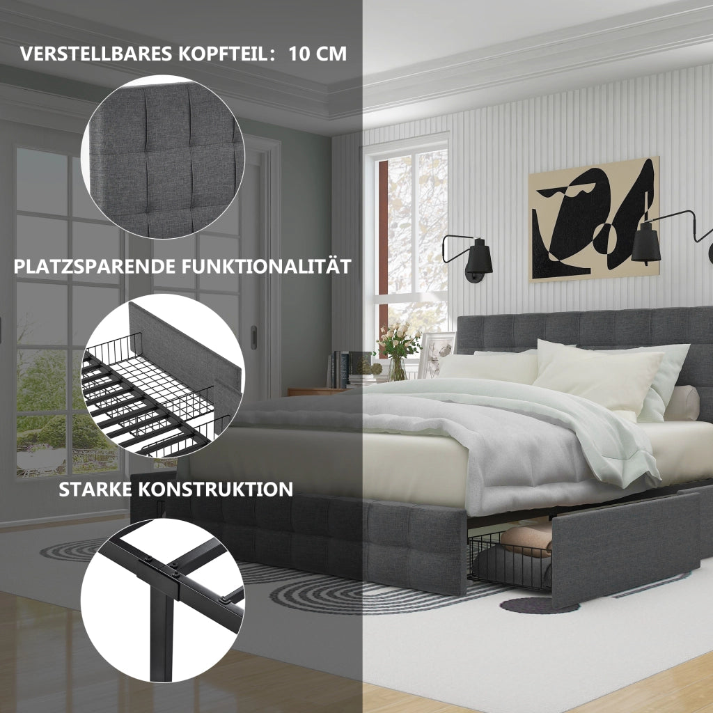 Letto matrimoniale imbottito 140 ¡Á 200 cm con 4 cassetti in lino grigio con materasso e testiera regolabile
